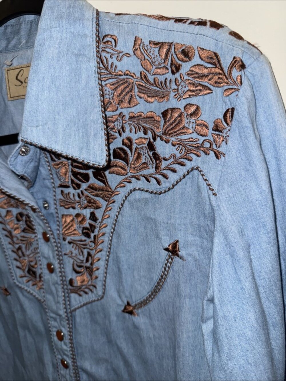 Scully Embroidered Western Floral Shirt Sz M Denim Pearl Snap Rodeo Women NWOT - Picture 5 of 11